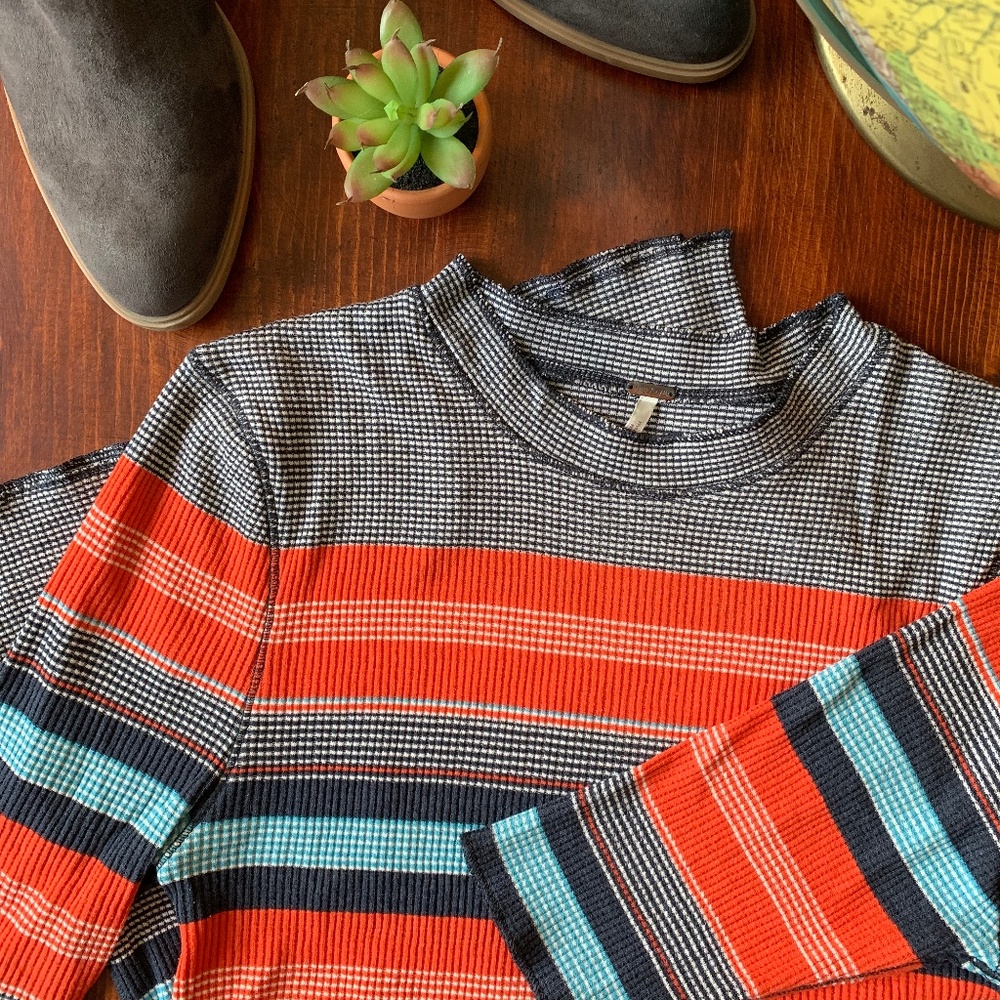 Free People Mock Neck Stretchy Ribbed Striped Top